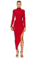 Norma Kamali Long Sleeve Turtleneck Side Drape Gown in Tiger Red, view 1, click to view large image.
