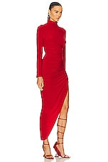 Norma Kamali Long Sleeve Turtleneck Side Drape Gown in Tiger Red, view 2, click to view large image.
