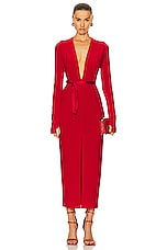 Norma Kamali Long Sleeve Deep V Neck Center Front Slit Gown in Tiger Red, view 1, click to view large image.