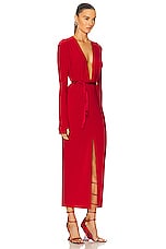 Norma Kamali Long Sleeve Deep V Neck Center Front Slit Gown in Tiger Red, view 2, click to view large image.