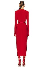 Norma Kamali Long Sleeve Deep V Neck Center Front Slit Gown in Tiger Red, view 3, click to view large image.