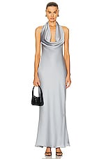 Norma Kamali Halter Drape Bias Gown in Silver, view 1, click to view large image.