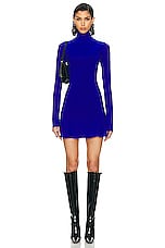 Norma Kamali Long Sleeve Turtle Fishtail Mini Dress in Electric Blue, view 1, click to view large image.