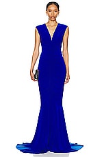 Norma Kamali Sleeveless Deep V Neck Shirred Front Fishtail Gown in Electric Blue, view 1, click to view large image.