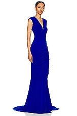 Norma Kamali Sleeveless Deep V Neck Shirred Front Fishtail Gown in Electric Blue, view 2, click to view large image.