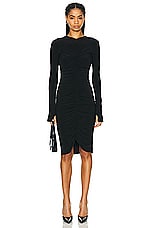 Norma Kamali Long Sleeve V Neck Shirred Front Dress in Black, view 1, click to view large image.
