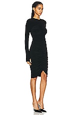 Norma Kamali Long Sleeve V Neck Shirred Front Dress in Black, view 2, click to view large image.