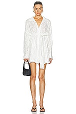 Norma Kamali Super Oversized Boyfriend Shirt Babydoll Mini Dress in White Vines, view 1, click to view large image.