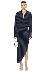 Norma Kamali Oversized Boyfriend Shirt Side Drape Gown in True Navy Pinstripe, view 1, click to view large image.