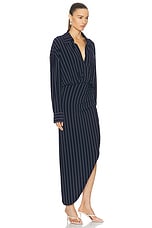 Norma Kamali Oversized Boyfriend Shirt Side Drape Gown in True Navy Pinstripe, view 2, click to view large image.