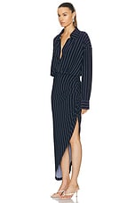 Norma Kamali Oversized Boyfriend Shirt Side Drape Gown in True Navy Pinstripe, view 3, click to view large image.