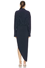 Norma Kamali Oversized Boyfriend Shirt Side Drape Gown in True Navy Pinstripe, view 4, click to view large image.