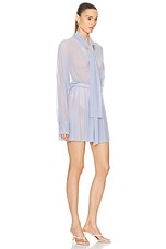 Norma Kamali Super Oversized Boyfriend Flared Mini Shirt Dress in Misty Blue, view 2, click to view large image.