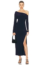Norma Kamali Long Sleeve Drop Shoulder Side Slit Gown in True Navy, view 1, click to view large image.