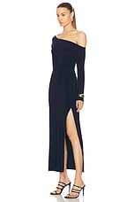 Norma Kamali Long Sleeve Drop Shoulder Side Slit Gown in True Navy, view 3, click to view large image.