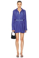 Norma Kamali Super Oversized Boyfriend Shirt Flared Mini Dress in Military Blue, view 1, click to view large image.