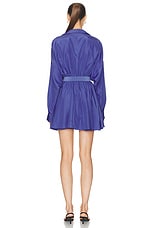 Norma Kamali Super Oversized Boyfriend Shirt Flared Mini Dress in Military Blue, view 3, click to view large image.