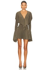 Norma Kamali for FWRD Long Sleeve Deep V Ruffle Mini Dress in Bark | FWRD