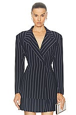 Norma Kamali Classic Double Breasted Jacket in True Navy Pinstripe, view 1, click to view large image.