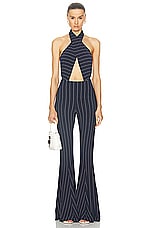 Norma Kamali Fishtail Pant in True Navy Pinstripe, view 4, click to view large image.