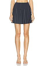 Norma Kamali Pleated Mini Skirt in True Navy Pinstripe, view 1, click to view large image.
