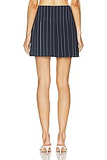 Norma Kamali Pleated Mini Skirt in True Navy Pinstripe, view 3, click to view large image.