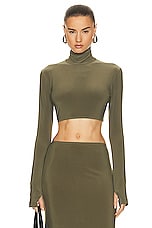 Norma Kamali Cropped Slim Fit Long Sleeve Turtleneck Top in Military, view 1, click to view large image.