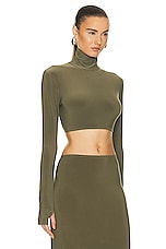 Norma Kamali Cropped Slim Fit Long Sleeve Turtleneck Top in Military, view 2, click to view large image.