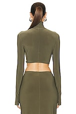 Norma Kamali Cropped Slim Fit Long Sleeve Turtleneck Top in Military, view 3, click to view large image.