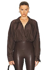Norma Kamali Super Oversized Boyfriend Shirt Bodysuit in Chocolate, view 1, click to view large image.
