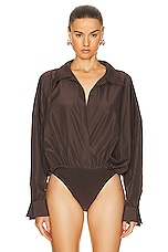 Norma Kamali Super Oversized Boyfriend Shirt Bodysuit in Chocolate, view 2, click to view large image.
