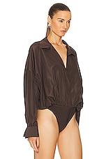 Norma Kamali Super Oversized Boyfriend Shirt Bodysuit in Chocolate, view 3, click to view large image.