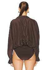 Norma Kamali Super Oversized Boyfriend Shirt Bodysuit in Chocolate, view 4, click to view large image.