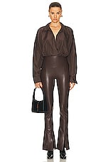 Norma Kamali Super Oversized Boyfriend Shirt Bodysuit in Chocolate, view 5, click to view large image.