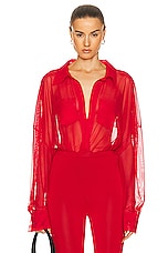Norma Kamali Super Oversized Boyfriend Shirt Bodysuit in Tiger Red, view 1, click to view large image.