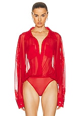Norma Kamali Super Oversized Boyfriend Shirt Bodysuit in Tiger Red, view 2, click to view large image.