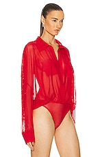 Norma Kamali Super Oversized Boyfriend Shirt Bodysuit in Tiger Red, view 3, click to view large image.