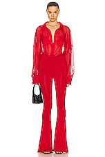 Norma Kamali Super Oversized Boyfriend Shirt Bodysuit in Tiger Red, view 5, click to view large image.