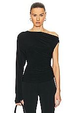 Norma Kamali One Sleeve Drop Shoulder Side Drape Top in Black, view 1, click to view large image.