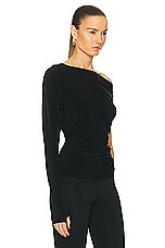 Norma Kamali One Sleeve Drop Shoulder Side Drape Top in Black, view 2, click to view large image.