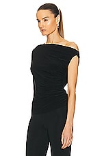 Norma Kamali One Sleeve Drop Shoulder Side Drape Top in Black, view 3, click to view large image.