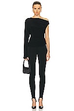 Norma Kamali One Sleeve Drop Shoulder Side Drape Top in Black, view 5, click to view large image.