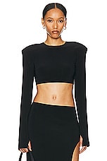 Norma Kamali Cropped Shoulder Pad Long Sleeve Crew Top in Black, view 1, click to view large image.