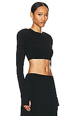 Norma Kamali Cropped Shoulder Pad Long Sleeve Crew Top in Black, view 2, click to view large image.