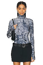 Norma Kamali Slim Fit Long Sleeve Turtleneck Top in Black & Navy Denim Print, view 1, click to view large image.