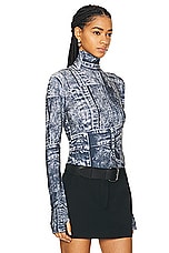 Norma Kamali Slim Fit Long Sleeve Turtleneck Top in Black & Navy Denim Print, view 2, click to view large image.