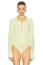 Norma Kamali Super Oversized Boyfriend Nk Shirt Bodysuit in Butter Yellow, view 2, click to view large image.