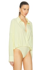 Norma Kamali Super Oversized Boyfriend Nk Shirt Bodysuit in Butter Yellow, view 3, click to view large image.