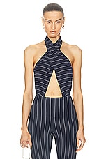 Norma Kamali Cross Halter Bodysuit in True Navy Pinstripe, view 1, click to view large image.