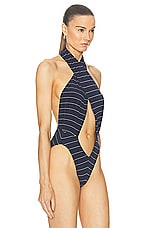Norma Kamali Cross Halter Bodysuit in True Navy Pinstripe, view 3, click to view large image.